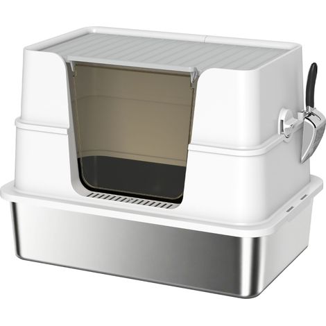 Litière pour chat en acier inoxydable XL avec couvercle transparent et pelle, gris clair (1/5)