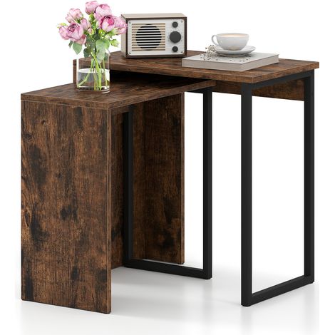 Ensemble de 2 Tables Basses Gigognes , Table d'Appoint Rectangulaire, Cadres Métalliques,pour Salon, Chambre, 51 x 30 x 53 cm, Brun (1/5)