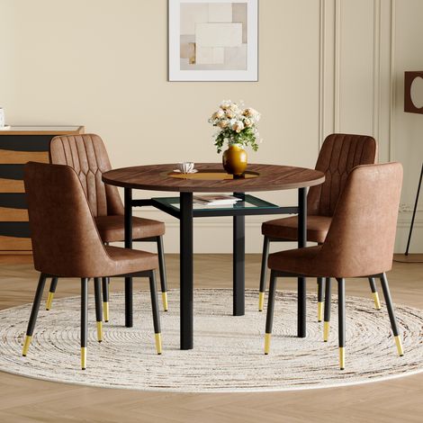 Table ronde moderne minimaliste 100cm avec 4 fauteuils tissu tech marron pieds métal noir adaptée salle à manger cuisine.