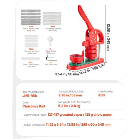 Macchina per la creazione di bottoni, kit fai-da-te completo, resistente e facile da usare, R A Rosso 58mm (1/2)