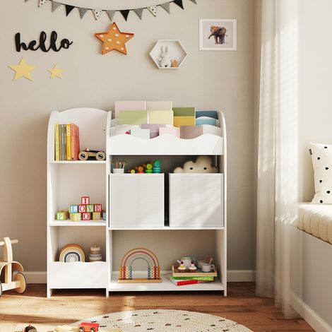 Songmics – Bibliothèque enfant blanche 30x93x100 cm – 3 compartiments livres – 5 compartiments jouets – 2 boîtes de rangement amovibles – Sécurisée avec kit anti-basculement