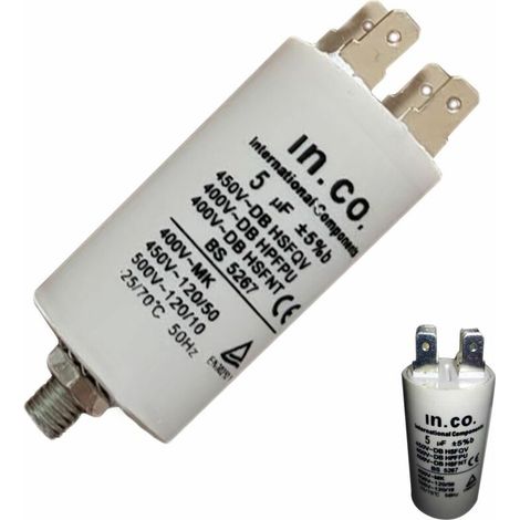 Condensateur Permanent - 5 µF - 450 V - Pour Lave-Linge Sèche-Linge Hotte - Compatible Multiples Modèles (1/3)