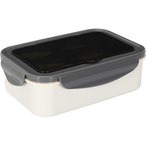 Lunch box 2,5L à triple compartiments en plastique gris blanc avec couverts (1/5)