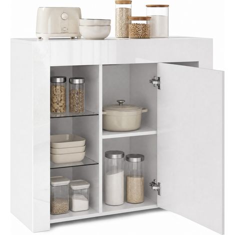 Buffet blanc moderne à façade brillante avec étagères en verre et porte, meuble de rangement compact pour salon, salle à manger ou cuisine, 95x35x83 cm  CHICFURN (1/5)