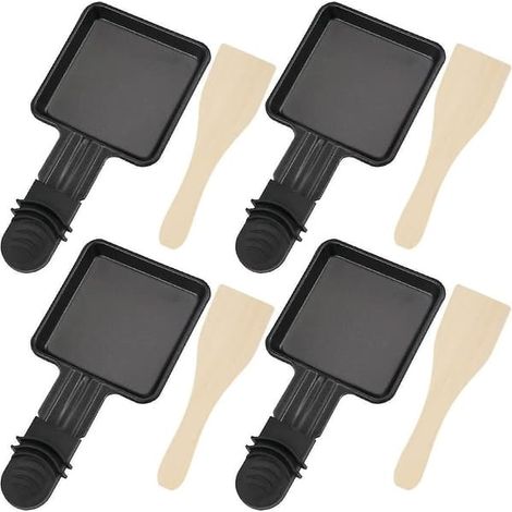 Ensemble de 4 coupelles pour raclette et 4 spatules à raclette en bois Polon. Plaque de cuisson antiadhésive en fonte avec poignée isolée. (1/5)