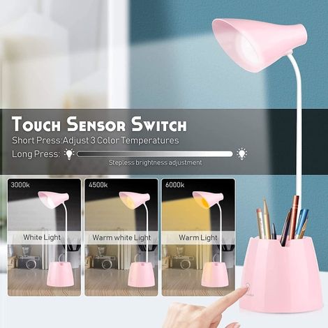 Lampe de bureau LED Dimbar - 24 LED - 3 niveaux de luminosité oculaire - Rechargeable par USB - Interrupteur tactile - Lampe de lecture et d'étude pour enfants - Rose (1/5)