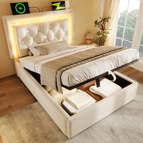 Cama con espacio de almacenamiento de terciopelo beige 90x200 cm con LED, USB y Type-C, somier de láminas incluido (1/5)