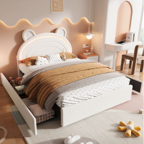 Letto imbottito per bambini 140/200 cm beige con 4 cassetti, testiera con orecchie e LED via app (1/5)