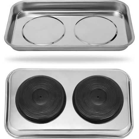 Bandeja magnética rectangular 240 x 140 mm de acero inoxidable con imanes potentes. Ideal para guardar tornillos, tuercas y piezas pequeñas en talleres mecánicos. (1/5)