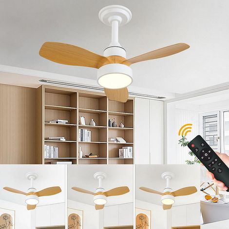 Ventilateur de plafond pour chambre à coucher avec éclairage, minuterie,télécommande,3 vitesses,blanc avec finition imitation bois (1/5)