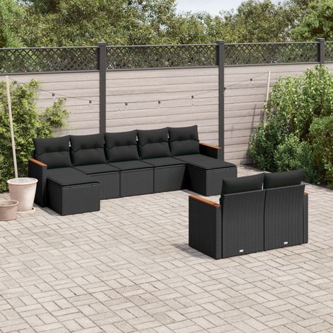 Ensemble Salon Jardin 9 Pièces Noir Résine Tressée avec Coussins - Canapé, Pouf et Siège Modulables pour Terrasse et Jardin (1/5)