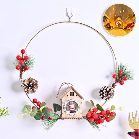 Guirlande De Noël À Led - Couronne Festive En Métal Avec Pommes De Pin Et Baies Rouges - 40 Led Blanc Chaud - Décoration Intérieure Hivernale - 30 Cm (1/5)