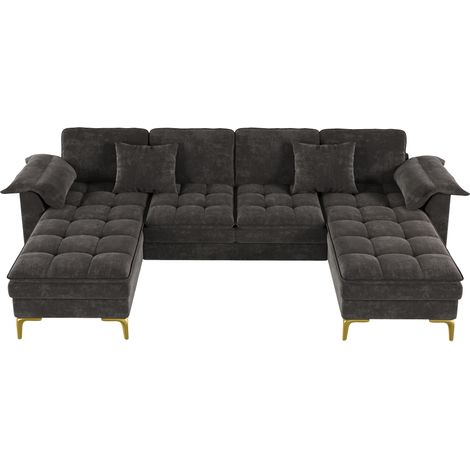 Sofá esquinero en U de 4 plazas con 2 chaise longues, chenilla gris, patas metálicas doradas (1/5)