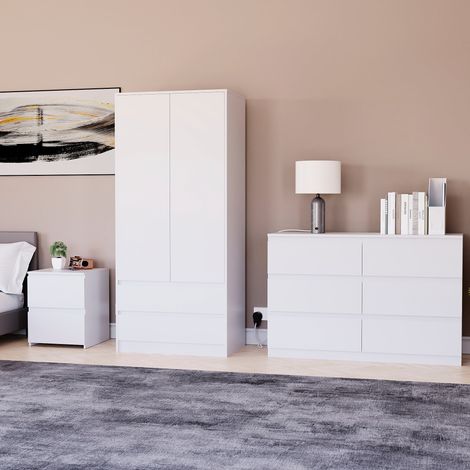 3 Piece Denver Bedroom Set, 2 Drawer Large Bedside Chest, 6 Drawer Chest, 2 Door 2 Drawer Wardrobe, White (1/2)