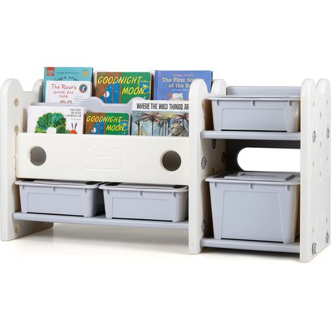 Organisateur de Jouets Thème Chat 2 en 1 avec Étagère à Livres, Bibliothèque à 2 Niveaux avec 4 Boîtes de Rangement et 3 Étagères, Blanc (1/5)