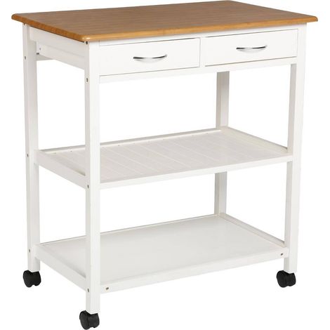 5Five Simply Smart – Desserte de cuisine en MDF imitation bambou blanc – 2 tiroirs en métal chromé – 2 étagères fixes – Roulettes multidirectionnelles (1/7)