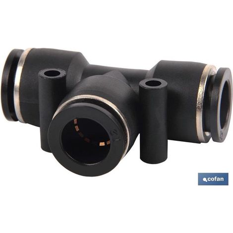 Raccord en T rapide en plastique pour tubes de 4 à 16 mm, connexion instantanée et sécurisée.