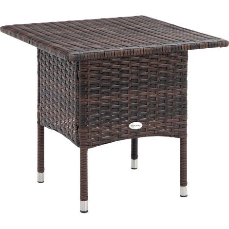Outdoor Rattan Side Table Coffee Table with Plastic Board, Full Woven Table Top for Patio, Garden, Balcony, Mixed Brown