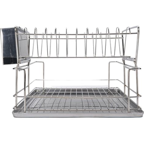 Égouttoir à vaisselle gain de place à 2 niveaux pour plan de travail, en acier inoxydable, avec porte-couverts (1/5)