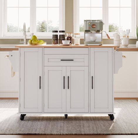 Îlot de cuisine mobile 120 x 45 cm, plan de travail extensible à 70 cm, tiroirs, étagères réglables, porte-épices et porte-serviettes (1/5)