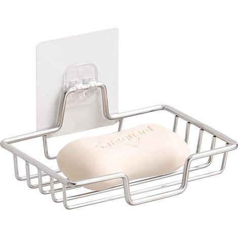 Porte-savon, sans perage, en acier inoxydable 304 antirouille, porte-savon mural, barre de savon, porte-éponge pour salle de bain et cuisine, carré (argent) (1/5)