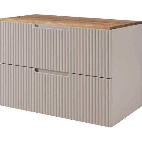 Meuble sous vasque suspendu VENA cachemire 80 cm avec plan chêne (1/5)