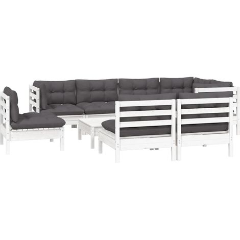 vidaXL Set Divani da Giardino 9 pz con Cuscini Bianchi Legno di Pino (1/4)
