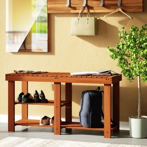 Banc et meuble à chaussures 87 cm : 2 niveaux. En acacia (1/3)