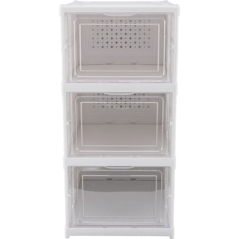 Boîte de rangement à chaussures en plastique transparent, pliable et empilable, à 3 niveaux, idéale pour gagner de la place dans votre placard. (1/5)