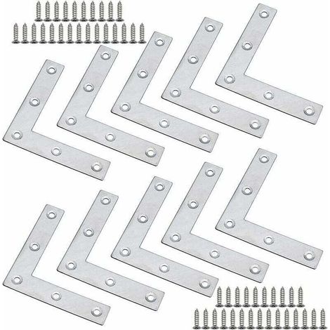 Lot de 10 Équerre à Angle Plat 80 x 80 x 1,5mm en Acier Inoxydable Plus Épaise Équerres Plates en Forme de L pour Fixation des Meubles à Bois tels que Table et Fenêtre et Étagère avec (1/3)