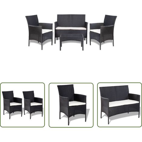 The Living Store Salon de jardin 4 pcs avec coussins Résine tressée Noir - Salon De Jardin - Meubles De Jardin - Ensemble De Canapés - Canapé D'extérieur - Fauteuil D'extérieur (1/5)