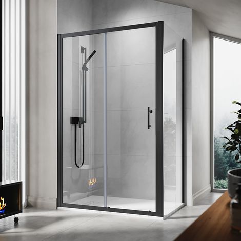 ELEGANT 1200x900mm Sliding Door Shower Enclosure with 900mm Side Panel, SMC Tray & Waste Trap (6mm, Black Aluminium Frame)