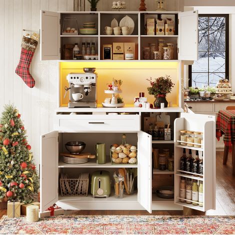 Aparador de cocina 110 x 38 x 180 cm con LED, enchufe y USB, blanco HAVRYA (1/5)