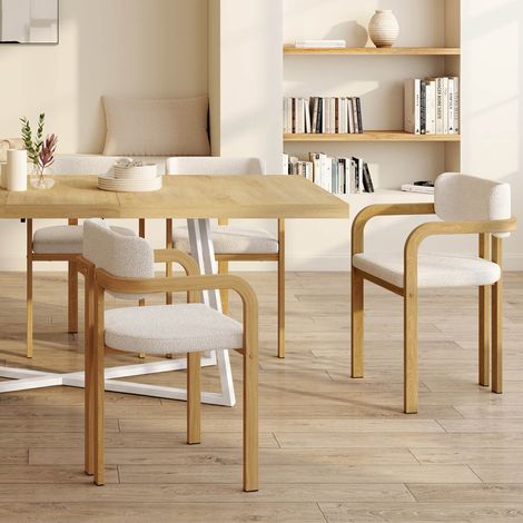 Juego de 4 sillas de comedor y sillones de mesa ESMA de metal efecto madera y tela bouclette con reposabrazos (1/5)