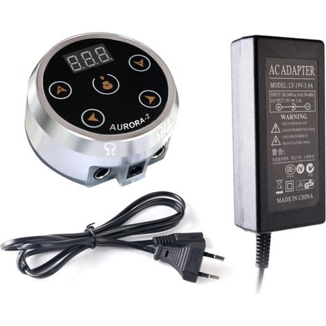 Alimentation de Tatouage -2 Tension ColoréE avec Adaptateur pour Bobine et Machine à Tatouer Rotative, Argent, Prise EuropéEnne
