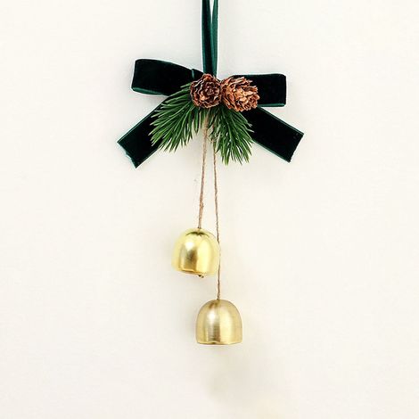 Ribbon Bow - Metal - With Jingle Bells And Pinecones - For Christmas Tree Topper Or Wall Decoration - 1 Piece (1/5)