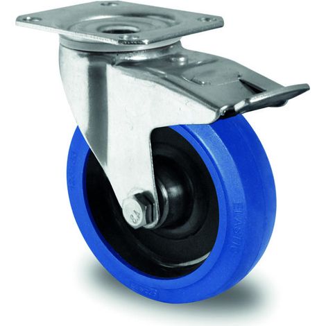 Roue industrielle en caoutchouc élastique bleue avec support galvanisé (1/2)