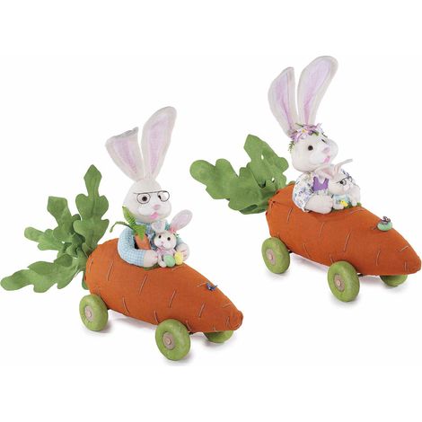Coniglietti decorativi grandi in finto pelo con cucciolo coniglio nella macchina a carota per allestimenti, set da 2 pezzi, cm 130 x 40 x 100 H