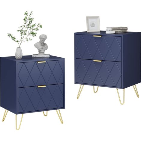 UEV Comodino Bianco Set di 2, Tavolino con 2 Cassetti in Legno, Comodino Piccolo Moderno, Maniglie e Gambe in Oro Cromato, per Camera da Letto, Soggiorno, 40 x 30 x 52 cm, Blu