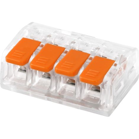 Bornes de Connexion à Levier 4 Entrées 100 Pièce - Connecteurs Électriques Rapides et Compacts pour Tous Types de Fils (0,2-4 mm²), Bornes de Raccordement Réutilisables, Transparent/Orange (1/5)