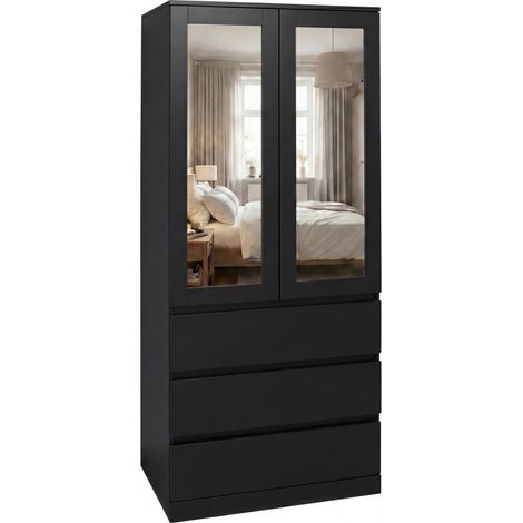 Vida Designs Denver 2 Door 3 Drawer Mirrored Wardrobe, Black (1/5)