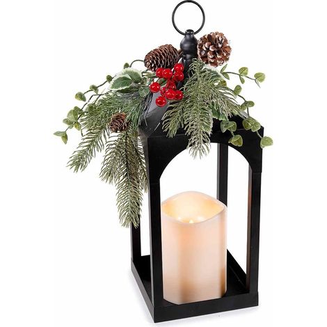Lanterna natalizia in metallo nero con candela LED e decoro pino innevato 43 cm (1/4)
