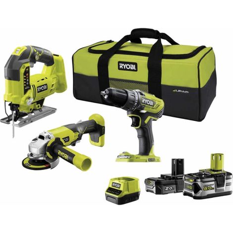 Pack RYOBI 18V One+ - Perceuse-visseuse - Meuleuse - Scie sauteuse pendulaire - 2 batteries - 1 chargeur rapide R18CK3C-252S (1/10)