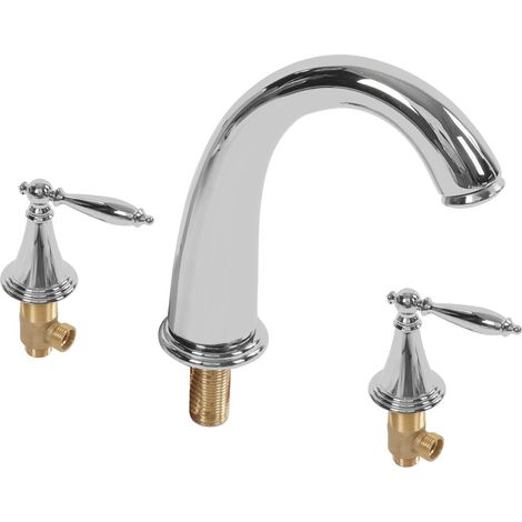 Ej.Life Doppelgriff-Wasserhahn, Tropffreier Drei-Loch-Waschtischhahn für Hotels (Silber) (1/4)