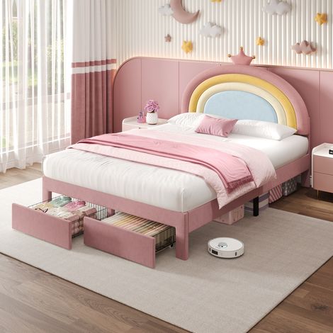 4ft6 Double Upholstered Bed with Adjustable Rainbow Headboard, Soft Velvet Bed Frame with Storage Drawer, Stylish Rainbow Headboard with Crown, No Box Spring Needed, Easy Assembly, Pink (No Mattress)