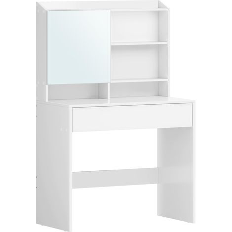 Coiffeuse, Table de maquillage, avec miroir, avec placard de rangement et tiroir, étagères réglables, coin beauté, style moderne, 70 x 40 x 136 cm, Blanc RDT118W01 (1/5)