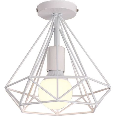 Lampe De Plafond Rétro Vintage En Forme De Diamant 25CM (Blanc) Plafonnier Industriel En Métal Et Fer E27 Pour Restaurant Et Café (1/5)