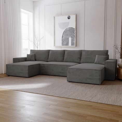 Emporius Canapé d'angle Bergamo U, 377 cm, 6 places - canapé convertible, tissu velours gris foncé (1/5)