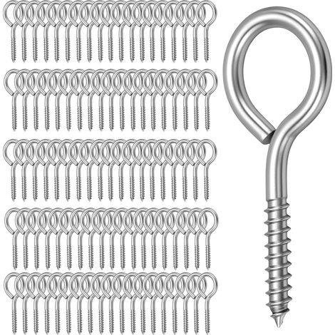 Lot de 100 vis à œillets M4, 50 x 21 mm en acier inoxydable, vis auto-taraudeuses à œillets pour bois, hamacs, fils de fixation (1/5)