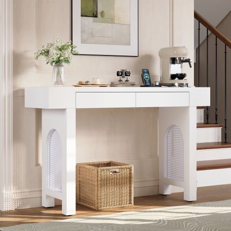 Console avec 2 tiroirs et multiprise usb type-c, blanc, 120x35,5x76,5 cm (1/5)